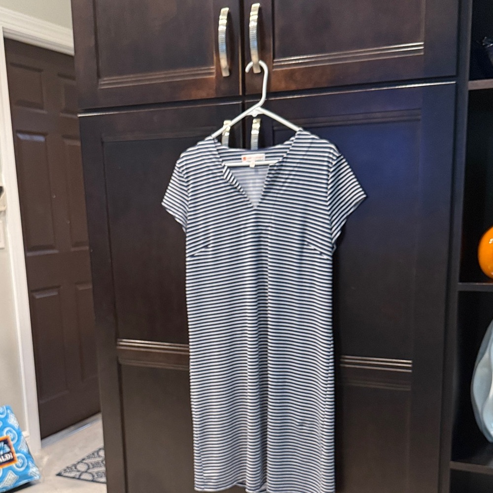 Jude Connally Navy and White Striped Midi Dress